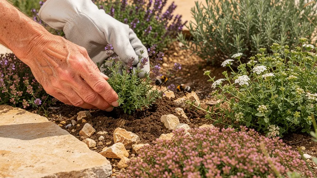 Giardino mediterraneo con timo fiorito, salvia selvatica e origano che crescono tra pietre naturali in pieno sole estivo