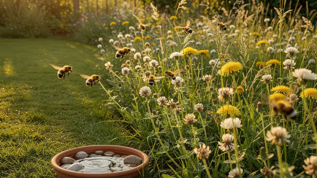 Angolo di giardino con prato non sfalciato e fiori spontanei visitati da api selvatiche in una luce dorata estiva