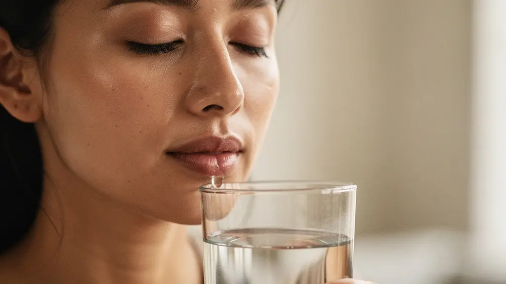 Primo piano emozionale di una donna che beve un bicchiere d'acqua con luce naturale che illumina la pelle del viso