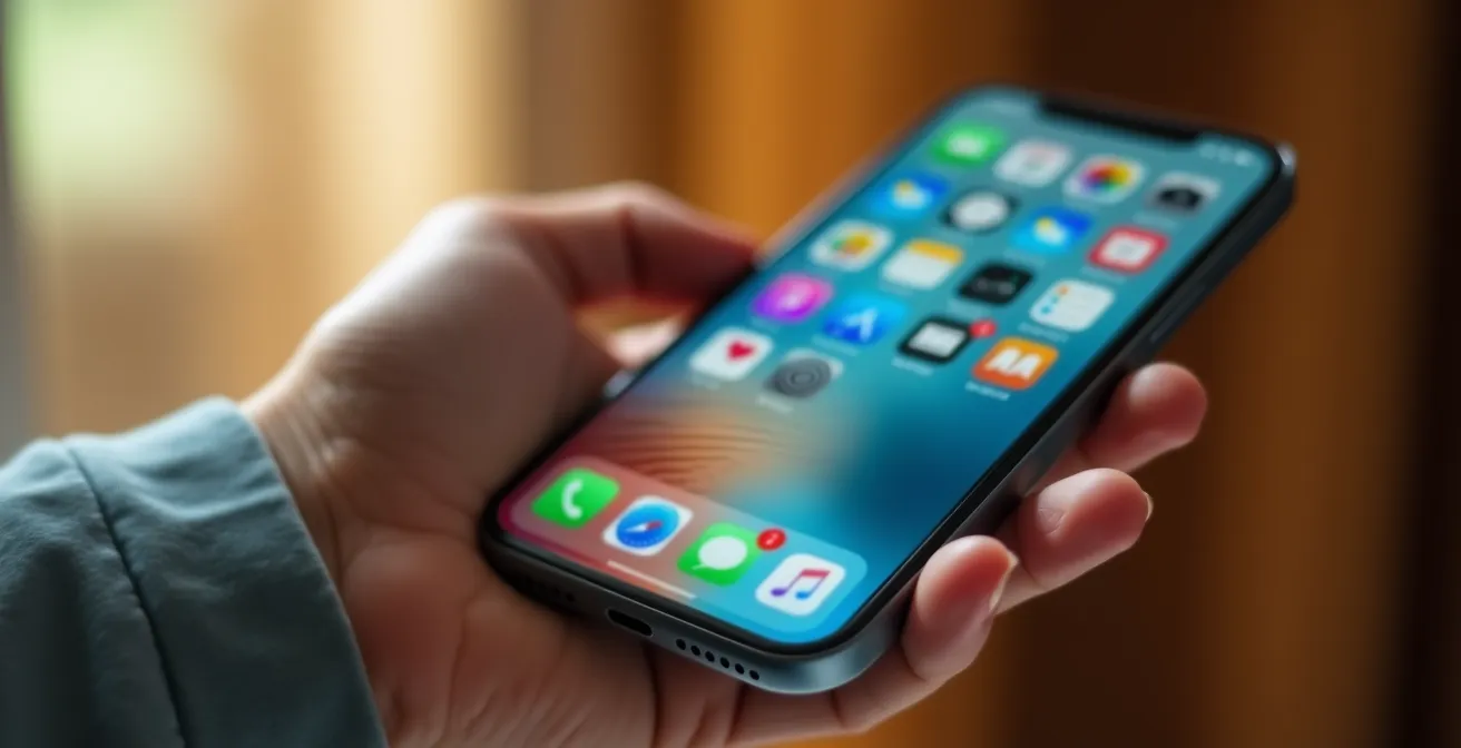 Mano che tiene smartphone con interfaccia multilingue sfocata