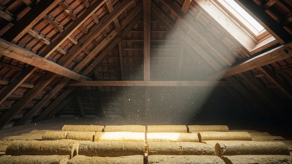 Sottotetto ventilato con pannelli isolanti posati sul pavimento del solaio e luce naturale che filtra dalle aperture