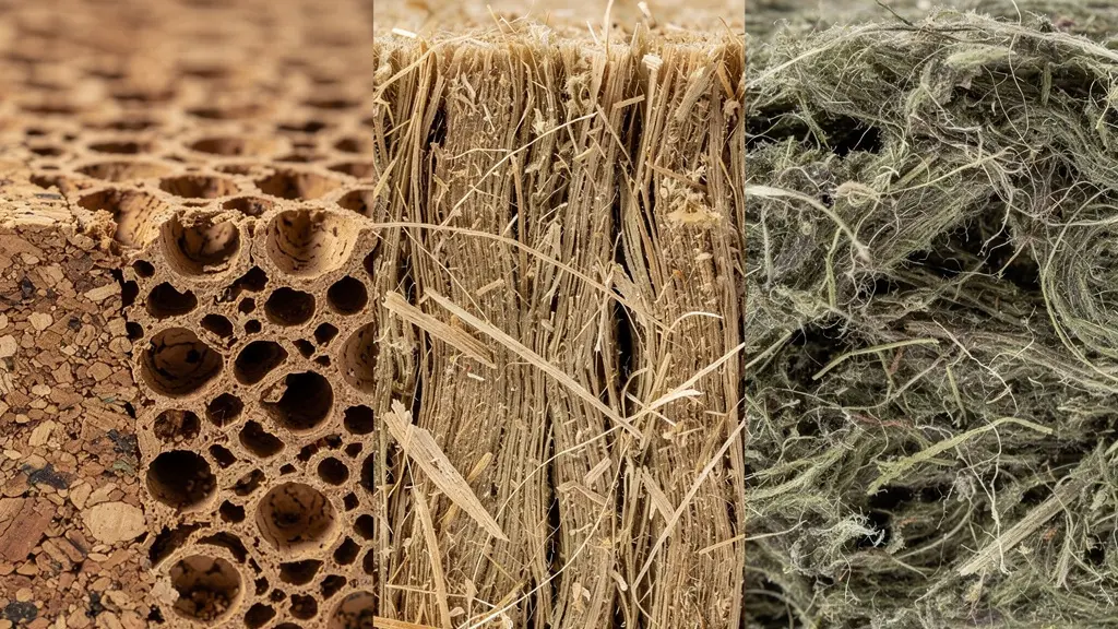 Sezione trasversale di parete con diversi materiali isolanti naturali