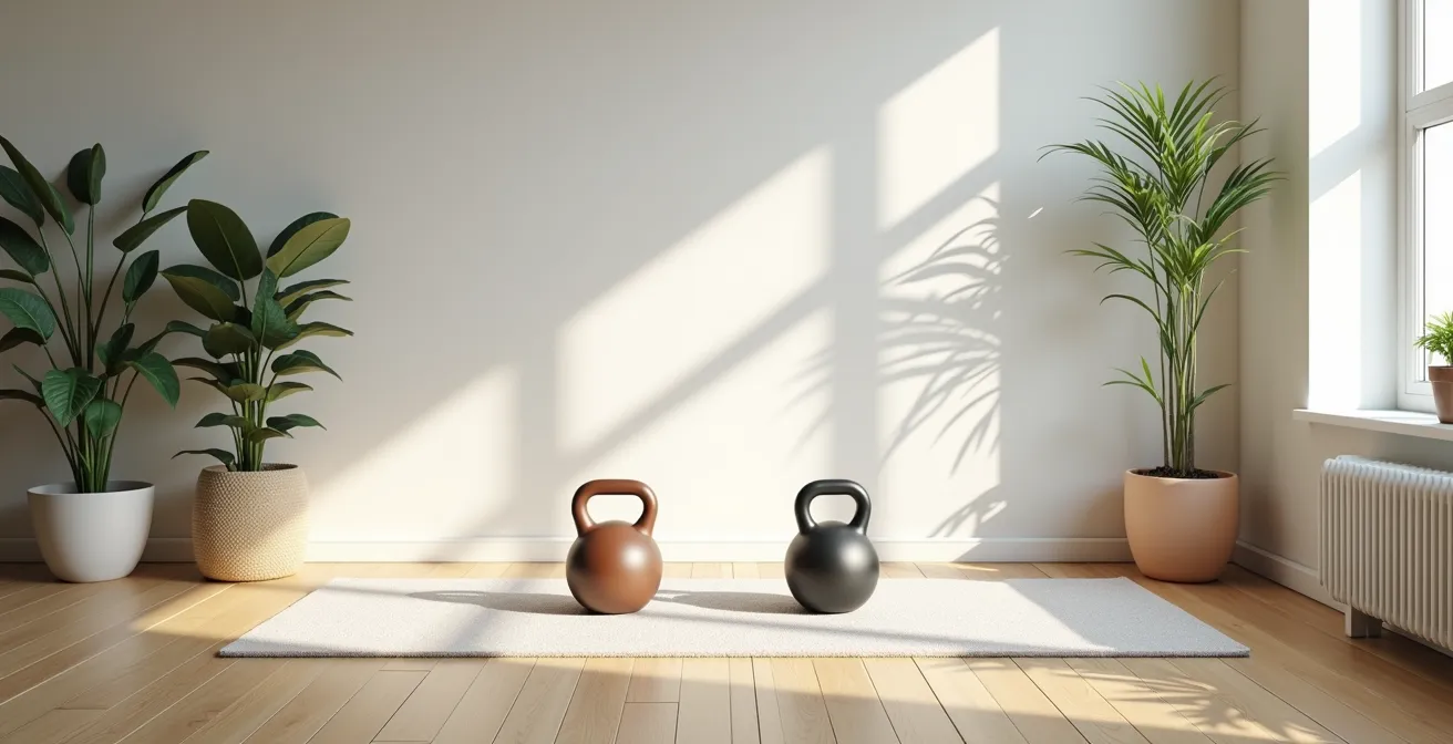 Vista dall'alto di un salotto con tappetino e due kettlebell disposti per l'allenamento