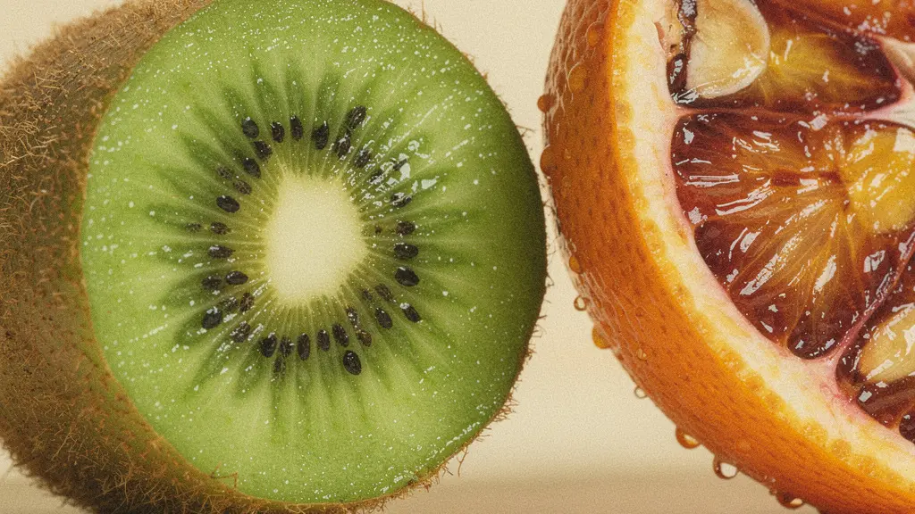 Dettaglio macro di kiwi tagliato a metà che rivela la polpa verde brillante e i semi neri, accanto a una fetta di arancia rossa