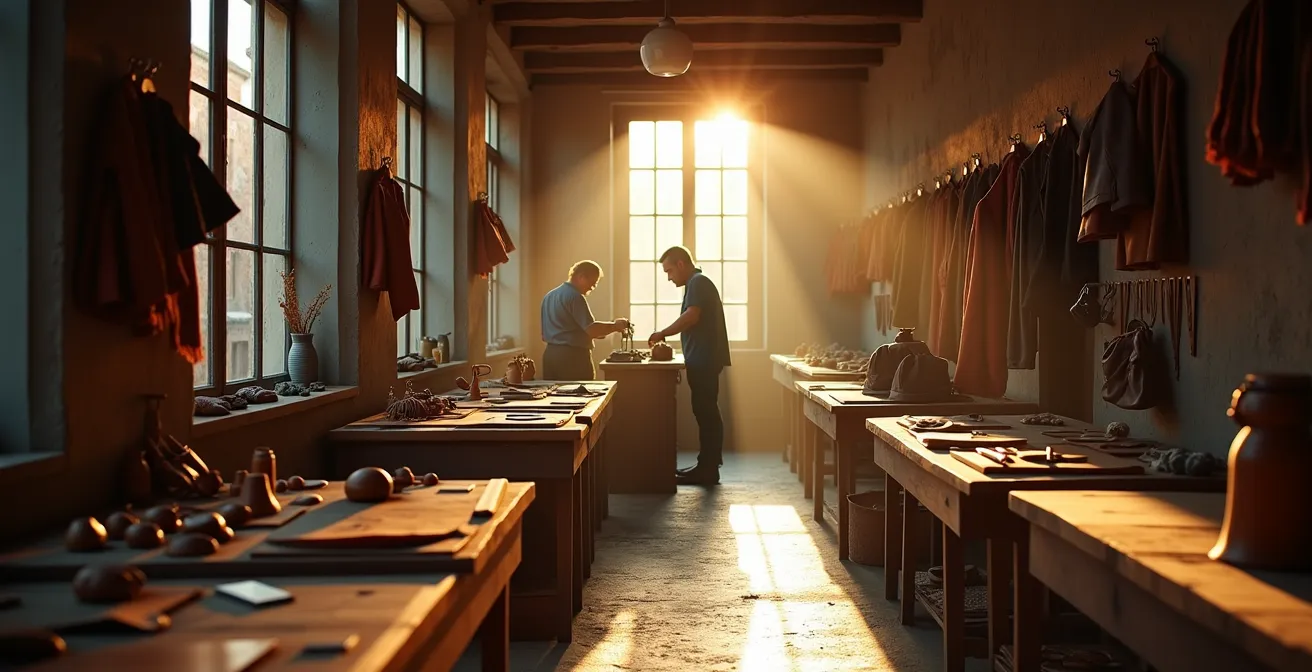 Interno di un laboratorio artigianale nel distretto della pelletteria toscana con artigiani al lavoro
