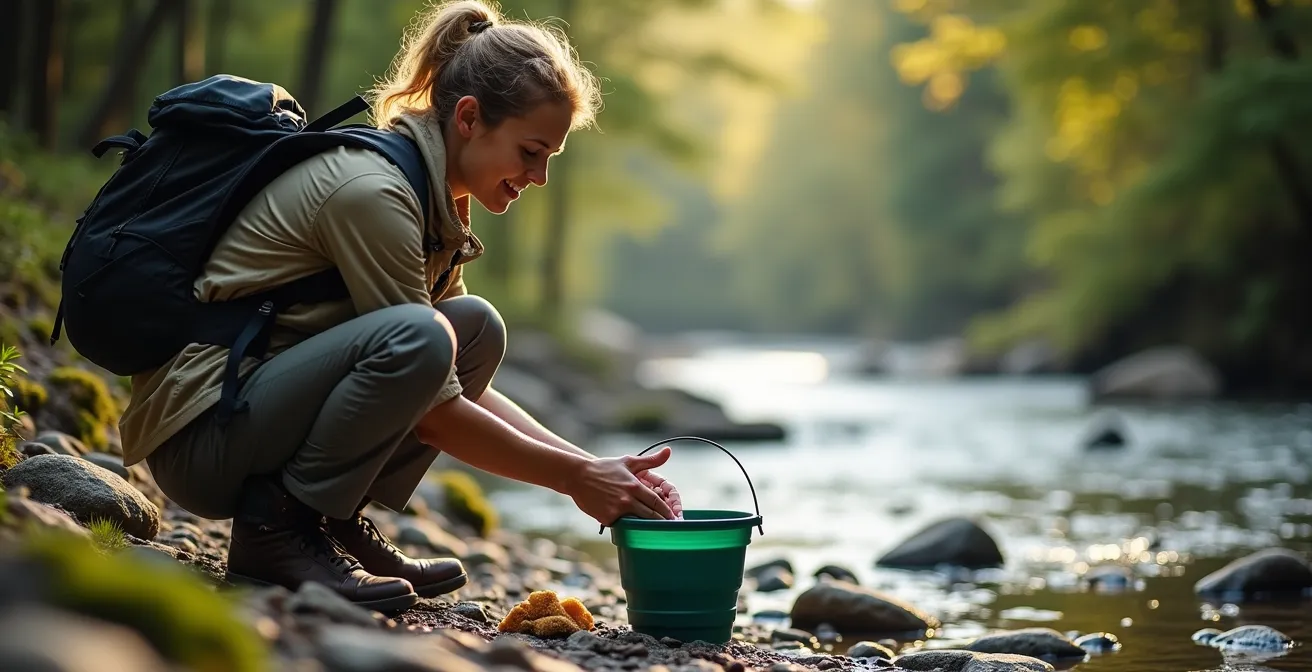 Escursionista che si lava lontano da un corso d'acqua usando un secchio pieghevole per minimizzare l'impatto ambientale.