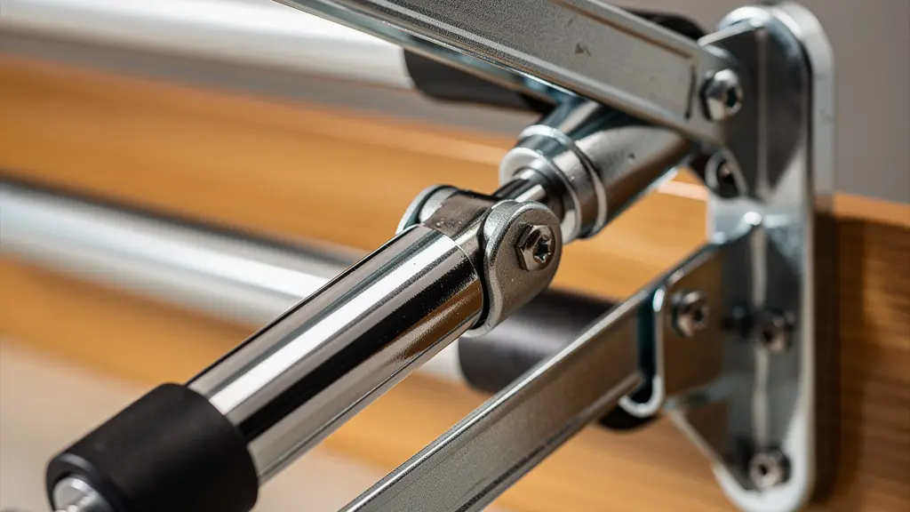 Dettaglio ravvicinato del meccanismo di sicurezza a pistoni di un letto a scomparsa con sistemi di blocco anti-chiusura