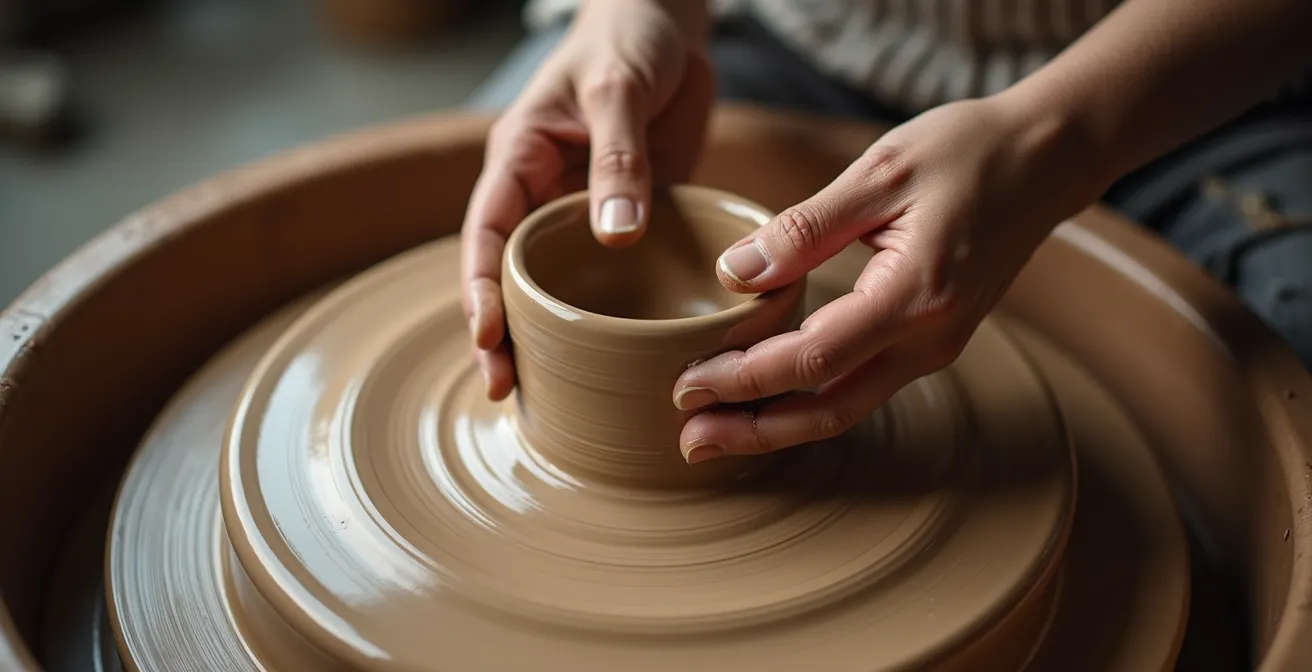 Dettaglio macro di mani che modellano argilla su tornio da ceramista