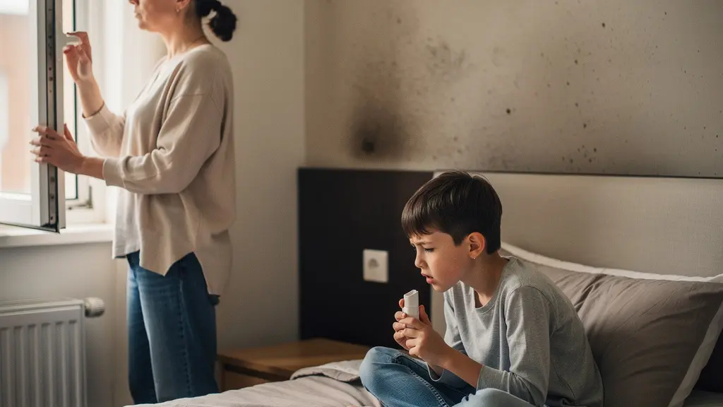 Un genitore apre una finestra in una cameretta mentre un bambino respira con difficoltà in un ambiente domestico umido, senza elementi testuali visibili.