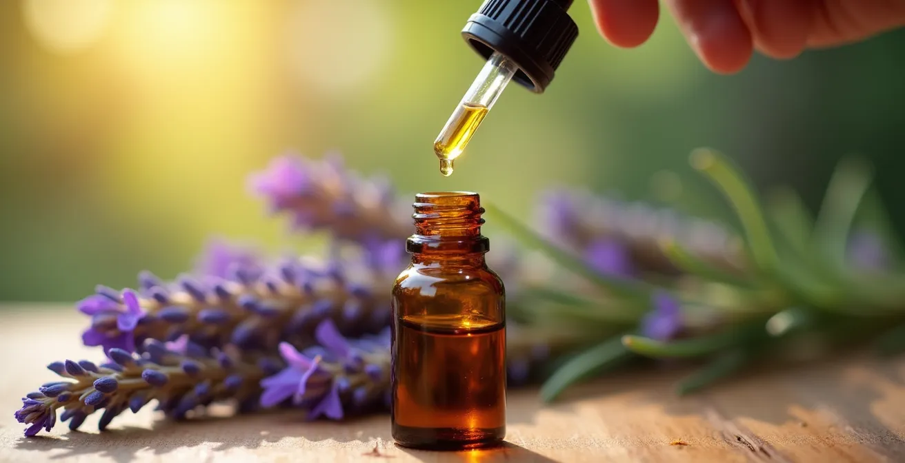 Contagocce che versa olio essenziale in flacone con piante aromatiche sfocate sullo sfondo