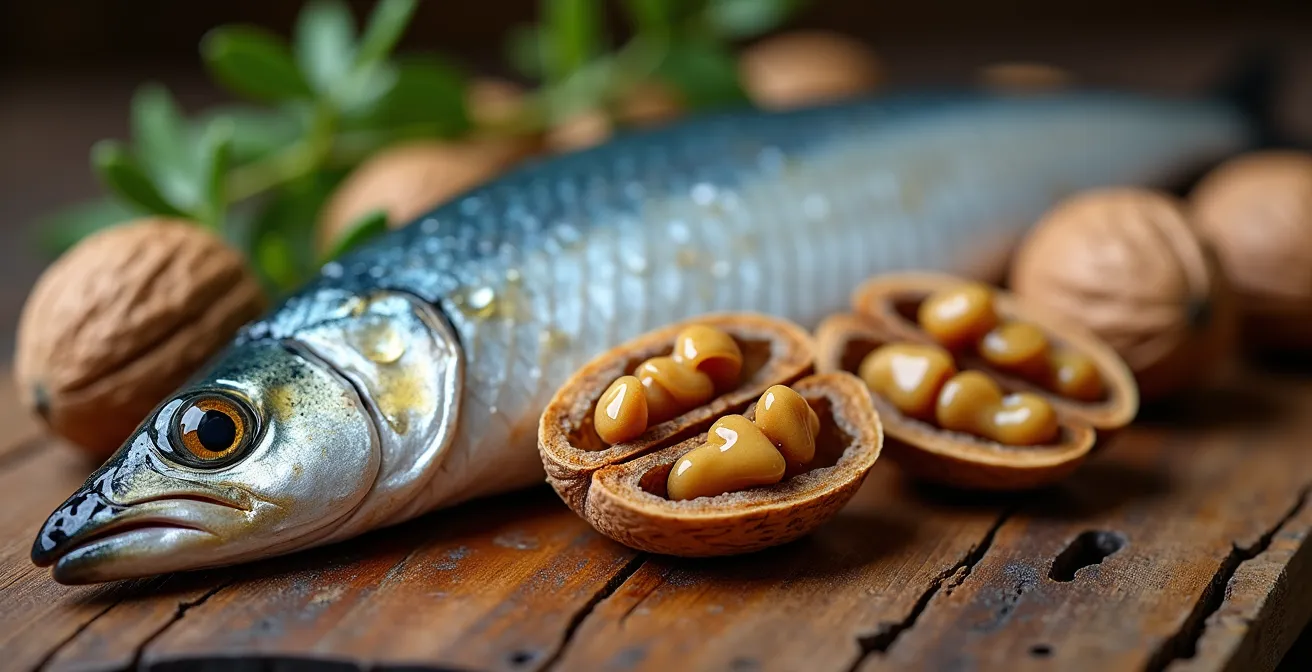 Macro ravvicinata di sgombro fresco accanto a noci aperte su superficie di legno naturale