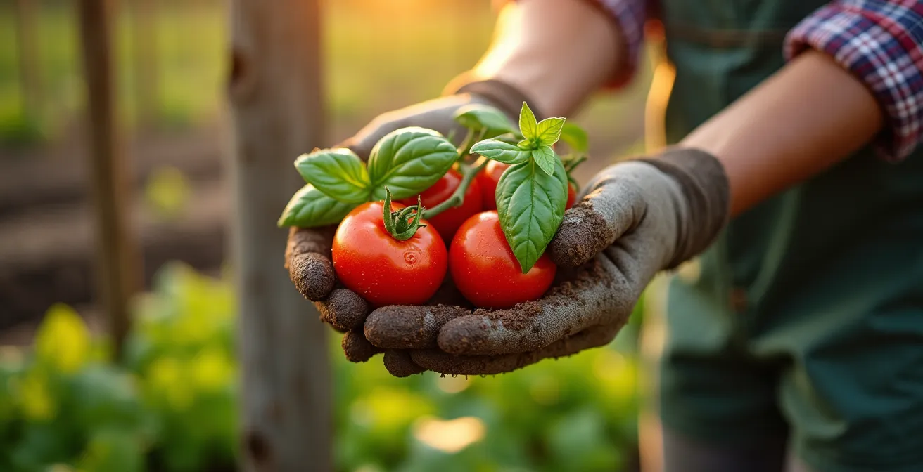 Mani che raccolgono verdure fresche nell'orto di un agriturismo al tramonto