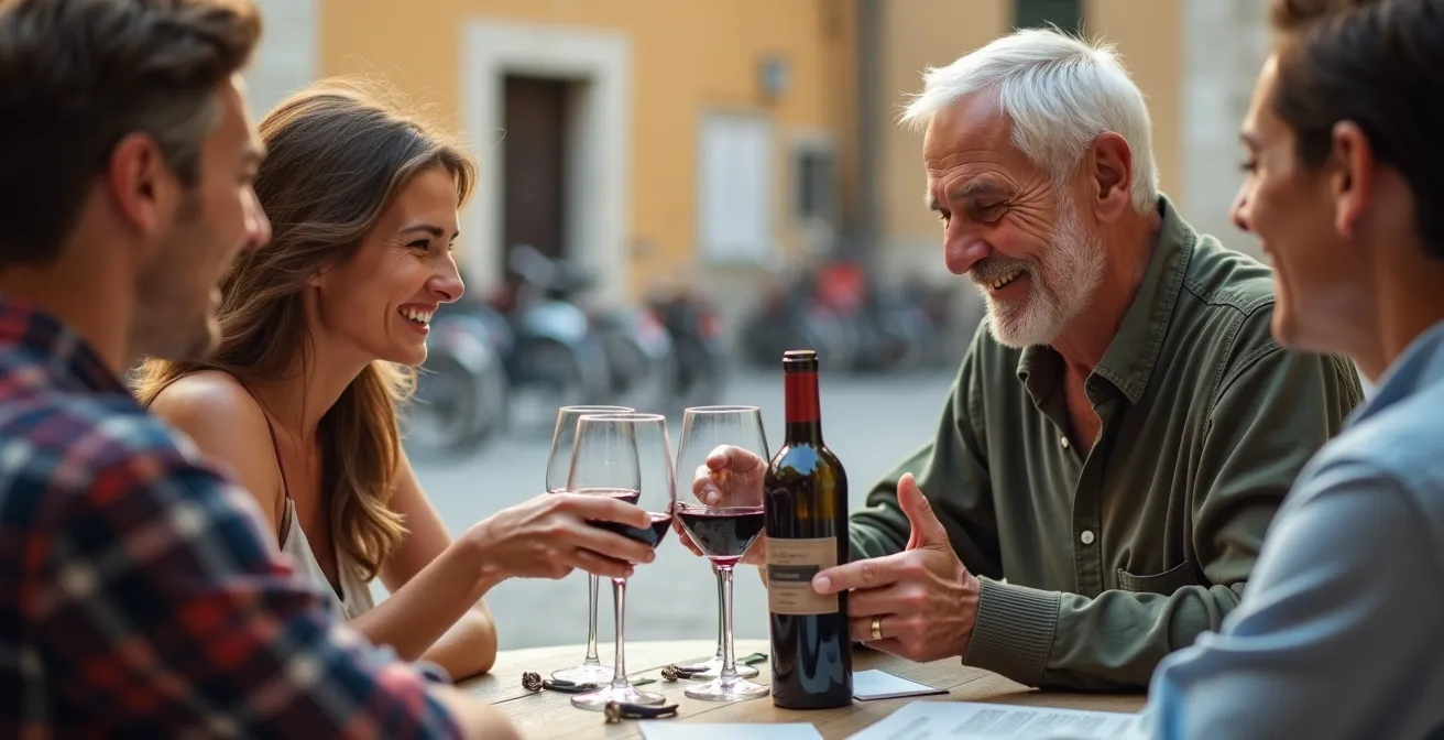 Viaggiatori e locali seduti insieme ai tavolini di un caffè in una piazza italiana