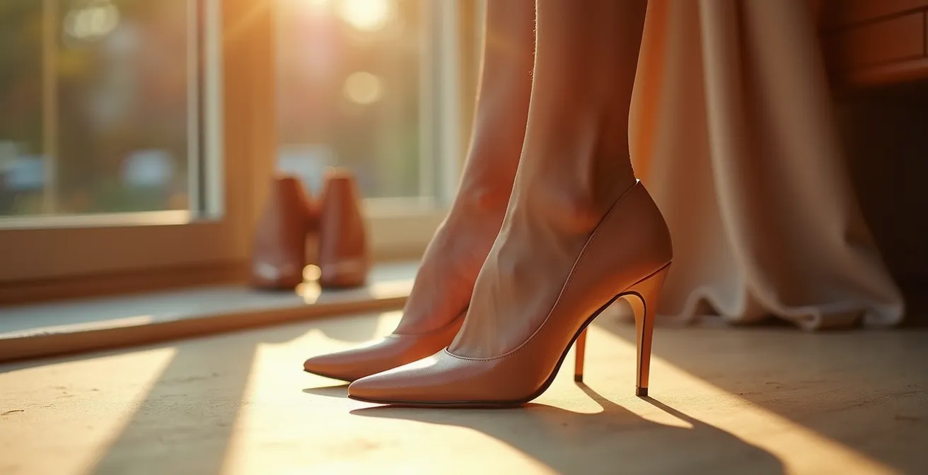 Piedi femminili che provano scarpe eleganti in un negozio nel tardo pomeriggio