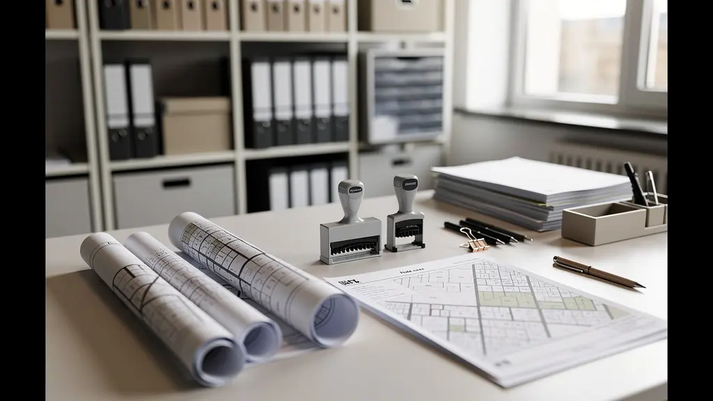 Vista ampia di ufficio tecnico con planimetrie e documenti catastali sul tavolo