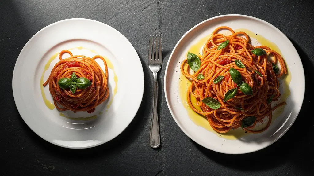 Due piatti di pasta al pomodoro affiancati: uno con porzione casalinga equilibrata e uno con porzione abbondante da ristorante