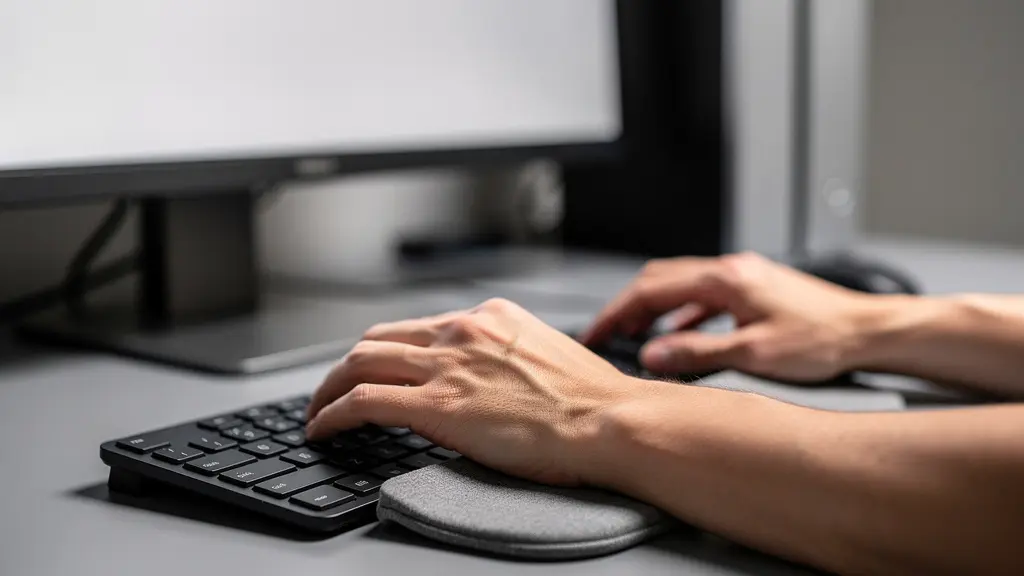 Vista laterale di postazione ergonomica con corretta posizione di monitor e tastiera