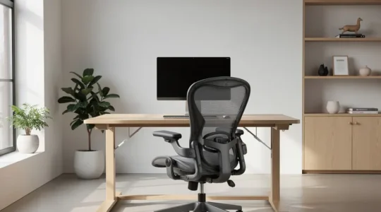 Postazione di lavoro domestica con sedia ergonomica e scrivania regolabile in altezza