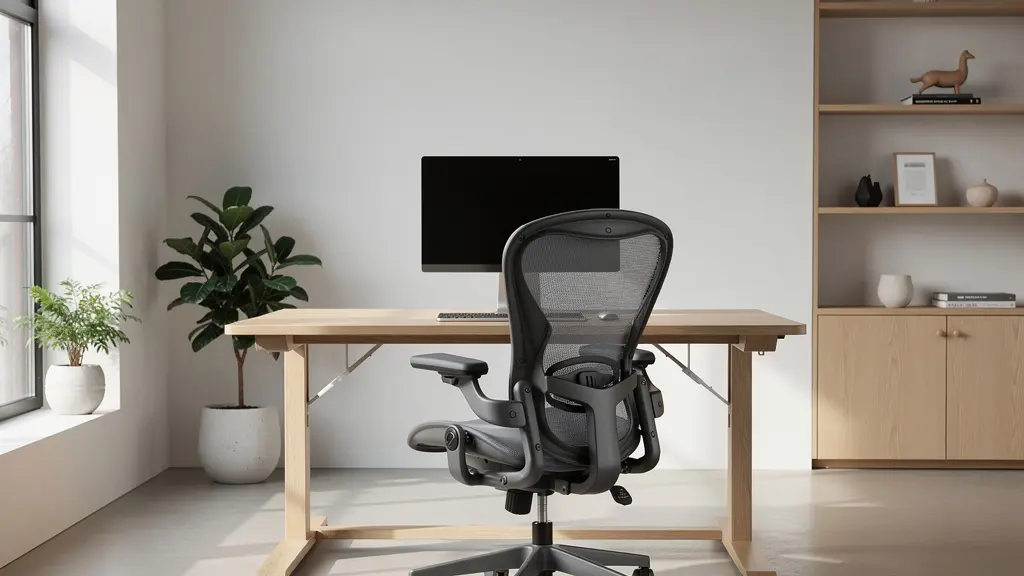 Postazione di lavoro domestica con sedia ergonomica e scrivania regolabile in altezza
