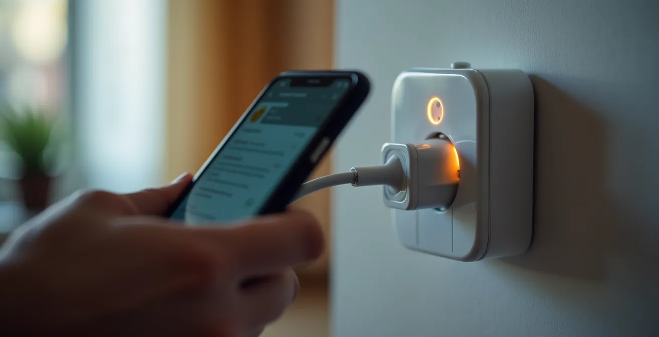 Dettaglio macro di presa smart collegata con indicatore LED, mano che configura app su smartphone
