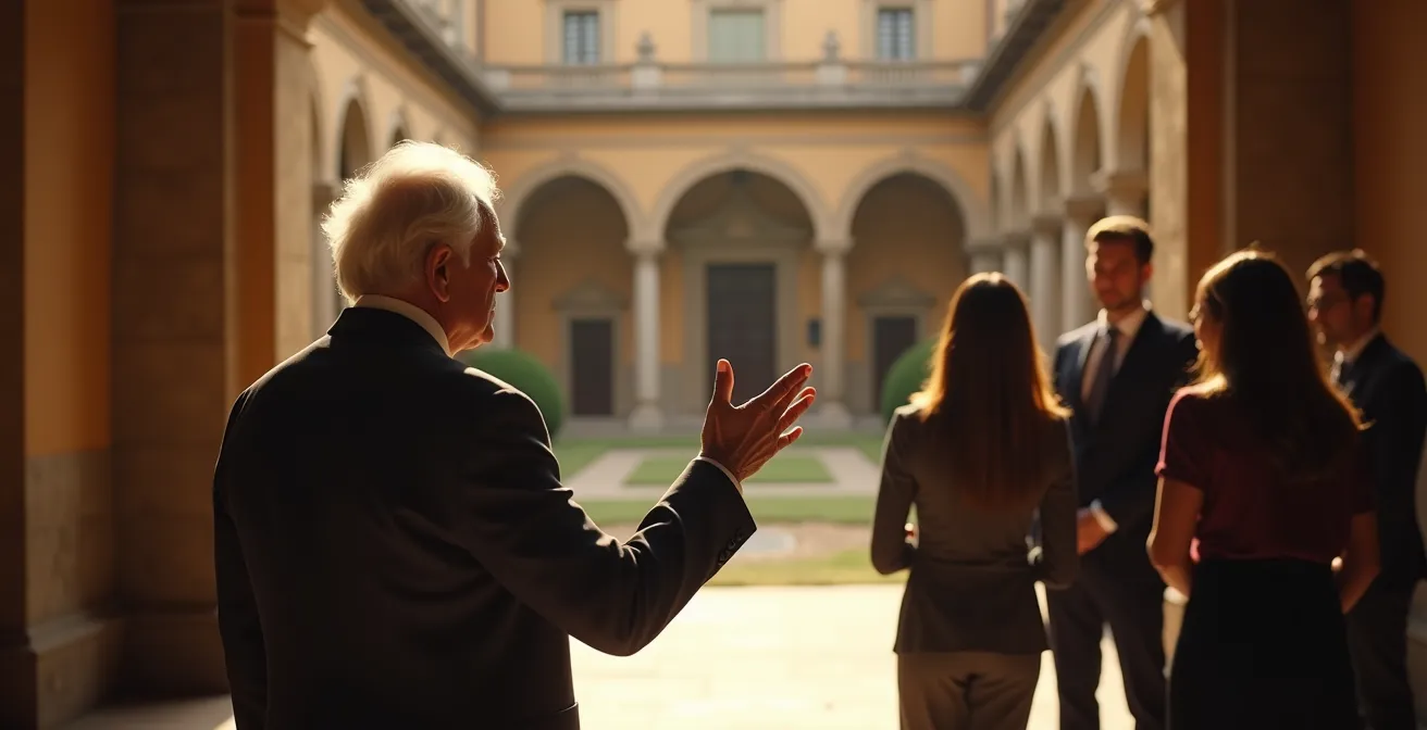 Proprietario di dimora storica accoglie piccolo gruppo di visitatori all'alba nel cortile