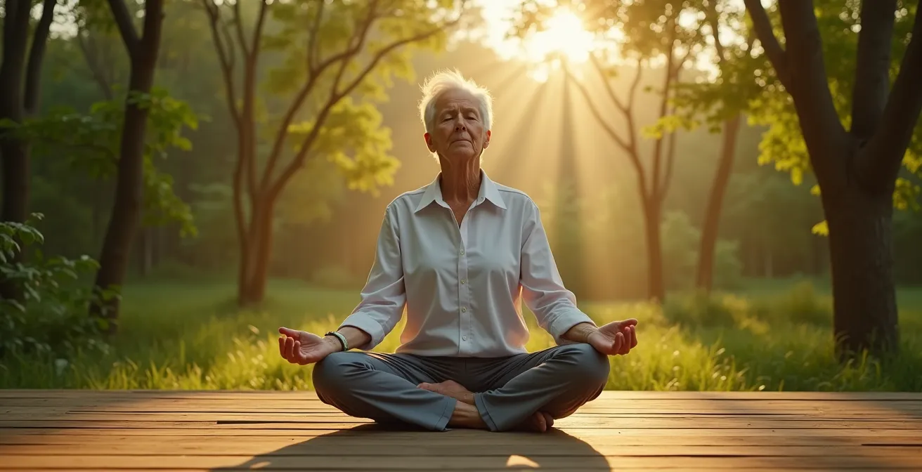 Persona matura in posizione meditativa all'aperto in ambiente naturale sereno