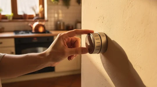 Una mano regola con cura un termostato a parete in una cucina domestica luminosa e ordinata, simbolo del risparmio energetico quotidiano