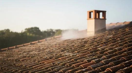 Vista ravvicinata di un tetto in tegole di laterizio con luce naturale che evidenzia la texture dei materiali di copertura