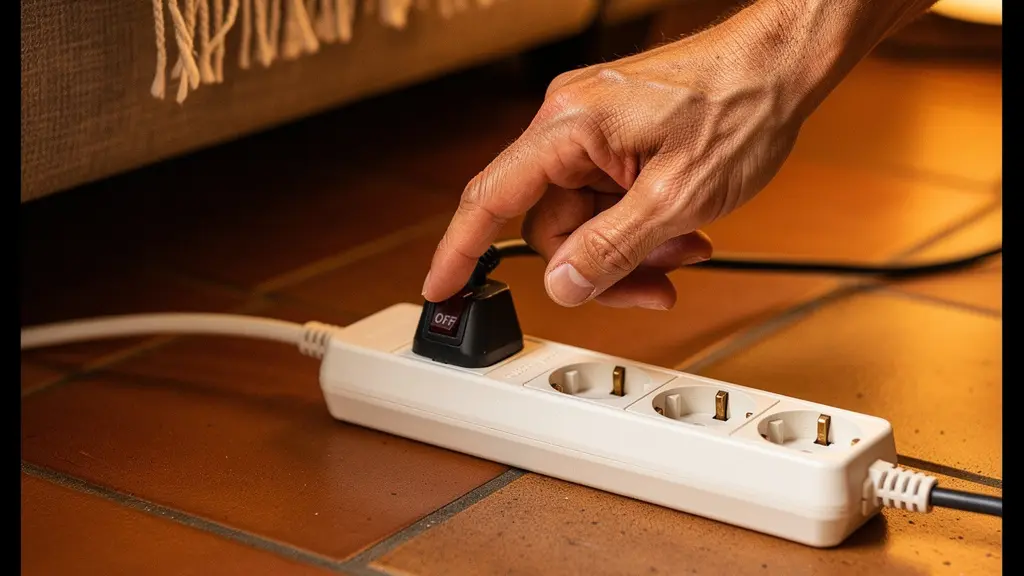 Mano che spegne una ciabatta multipresa con interruttore per eliminare i consumi in stand-by degli apparecchi domestici