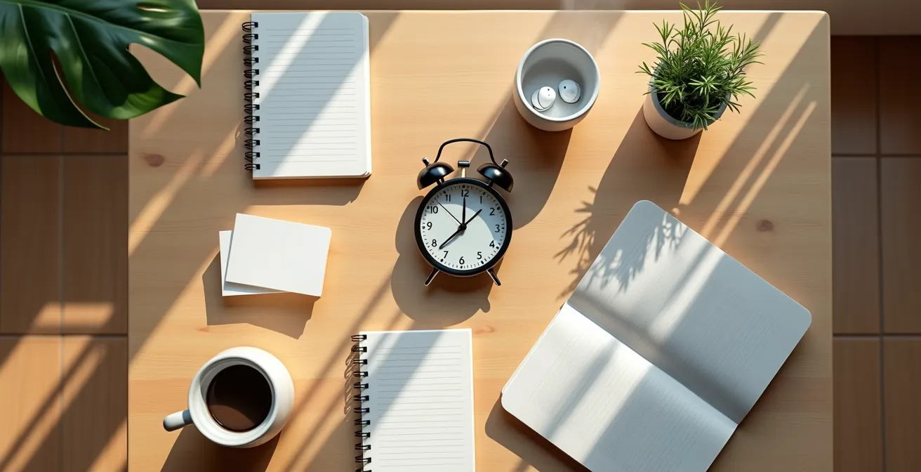 Scrivania minimalista con elementi per studio linguistico quotidiano