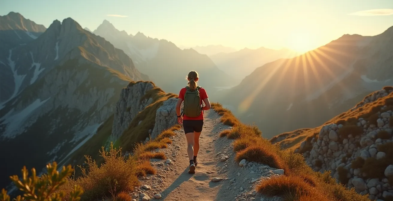 Vista dall'alto di un corridore su sentiero di montagna che osserva il paesaggio circostante