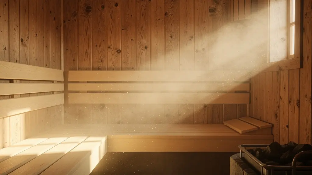 Vista ambientale di una sauna finlandese tradizionale con vapore e luce naturale