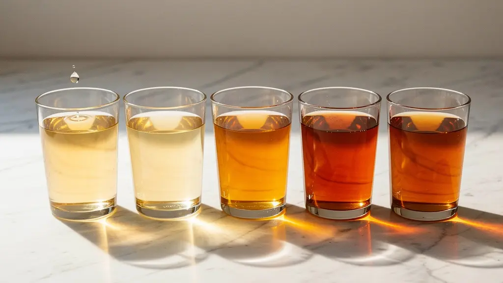 Composizione simbolica con bicchieri d'acqua di diverse tonalità dal chiaro all'ambrato che rappresentano i livelli di idratazione