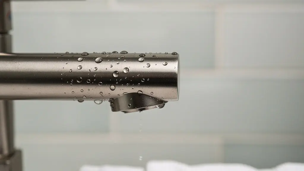 Dettaglio ravvicinato di rubinetteria moderna in un piccolo bagno en-suite appena ristrutturato con piastrelle chiare