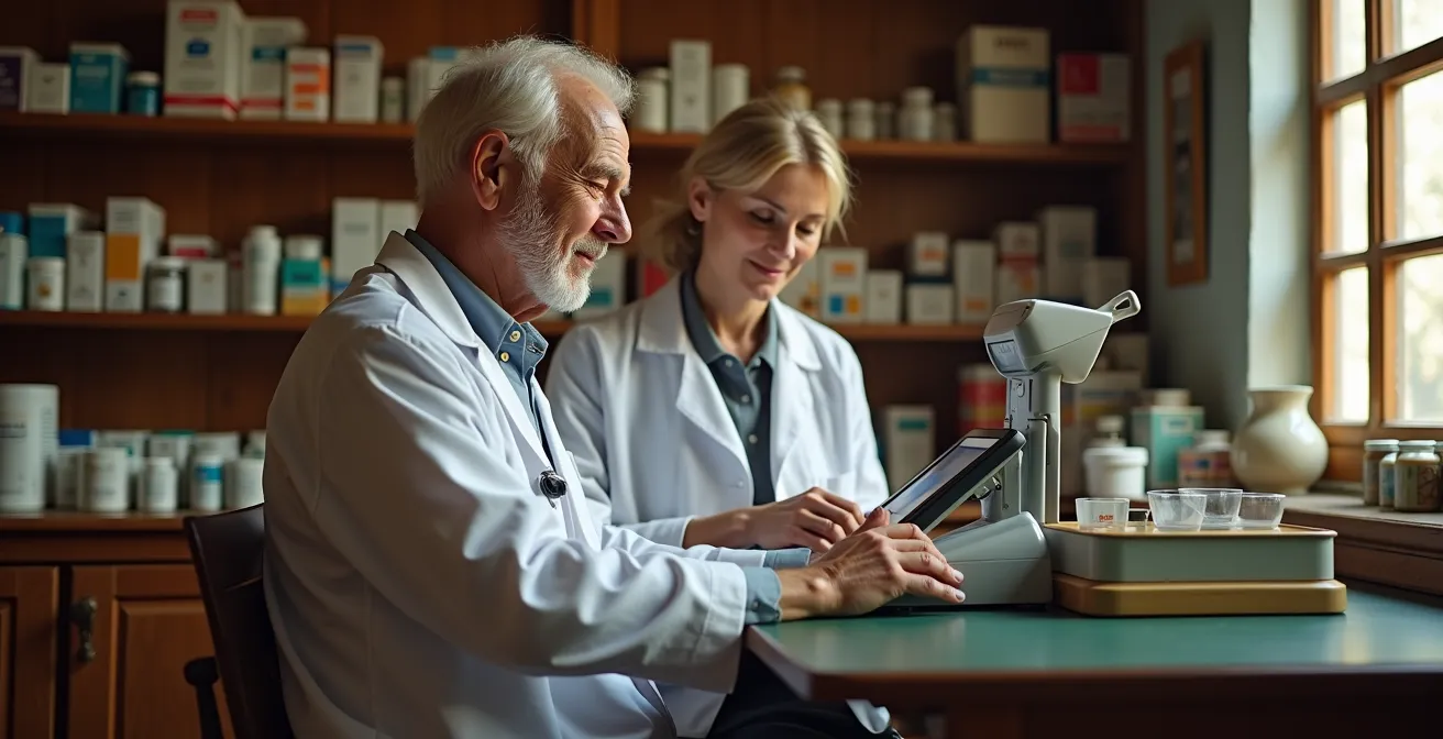 Interno di una piccola farmacia di paese con anziano che effettua controllo medico tramite strumenti di telemedicina
