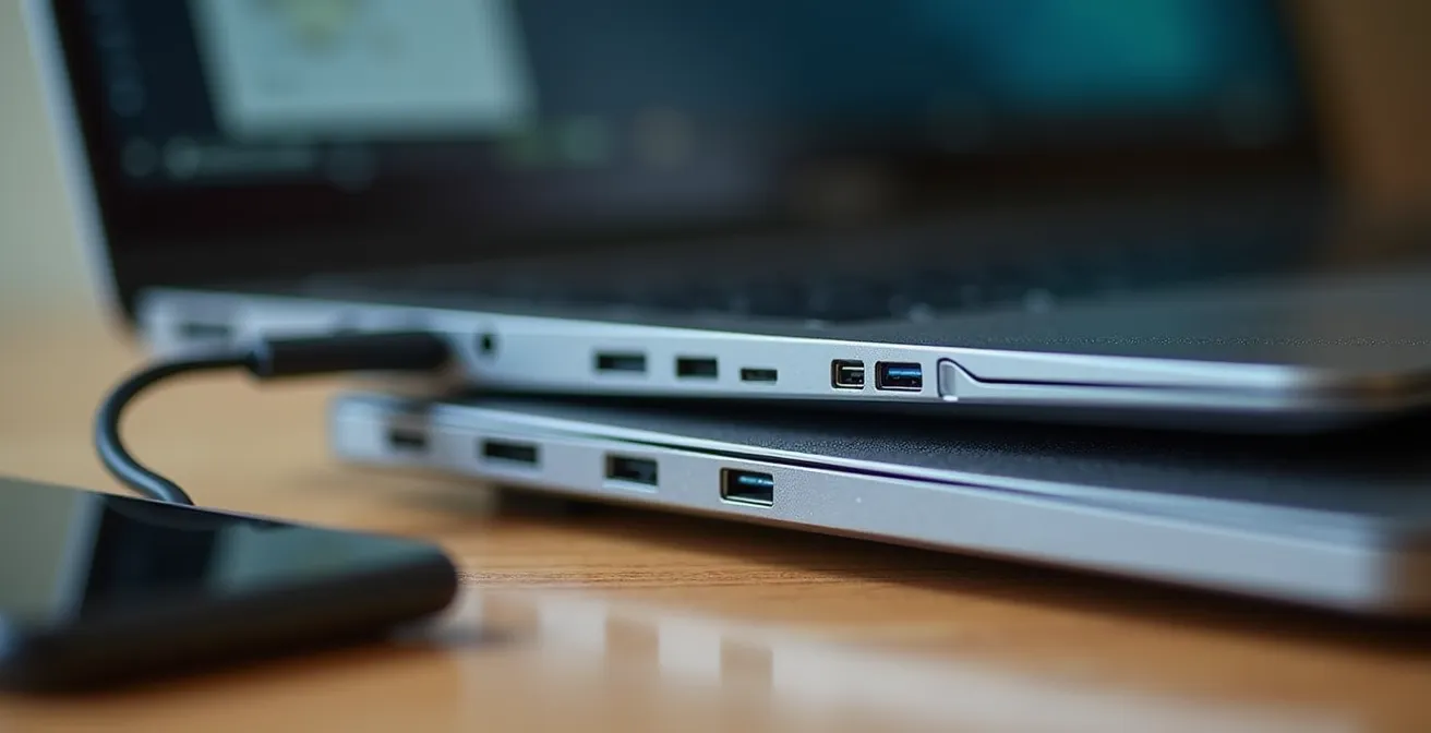 Postazione mobile minimalista con laptop e dispositivi per produttività avanzata