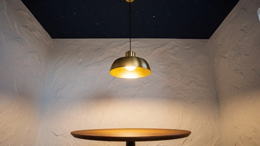 Stanza con soffitto dipinto di colore scuro che crea un'illusione di profondità e intimità protettiva