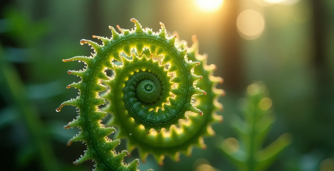 Dettaglio macro di felci e pattern naturali frattali nel bosco con rugiada mattutina
