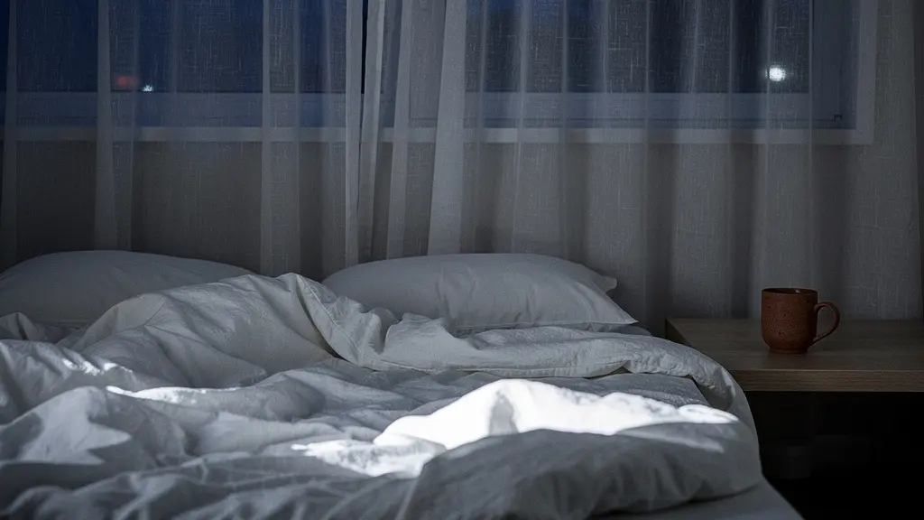 Stanza da letto in penombra con luce lunare soffusa, cuscino e coperte che suggeriscono un sonno profondo e riposante