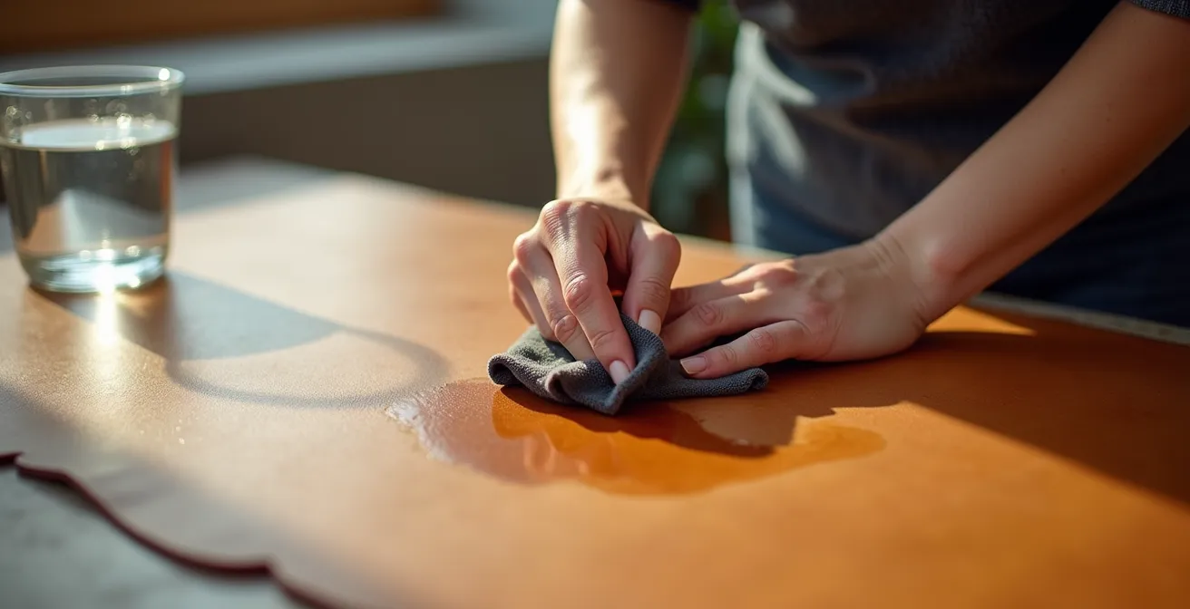 Mano che tampona delicatamente una macchia d'acqua su pelle anilina con panno microfibra