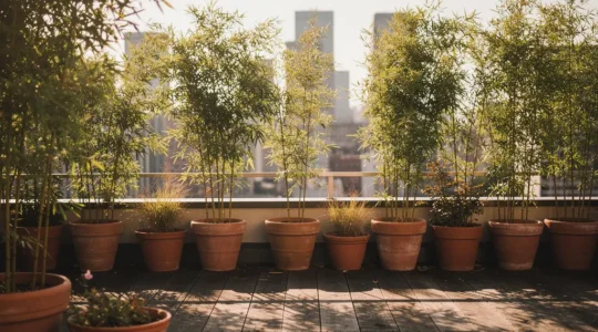 Terrazzo cittadino con schermature di bambù che preservano vista panoramica e privacy