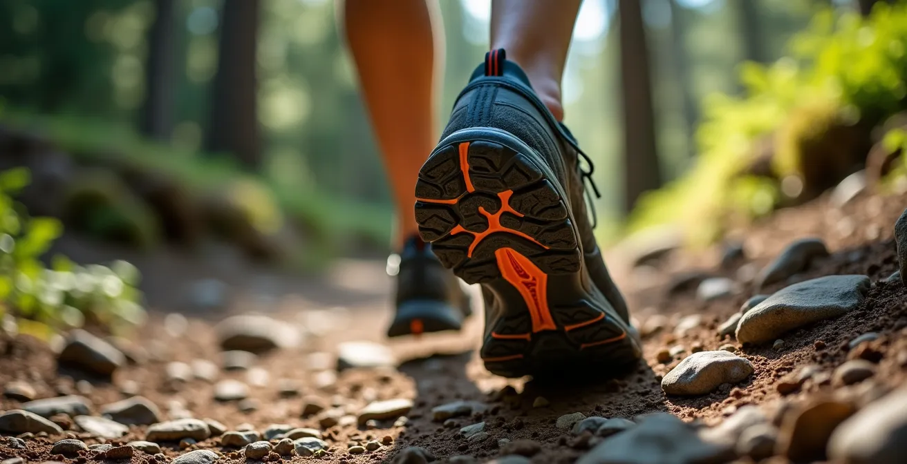 Dettaglio macro dei piedi di un runner su terreno naturale irregolare