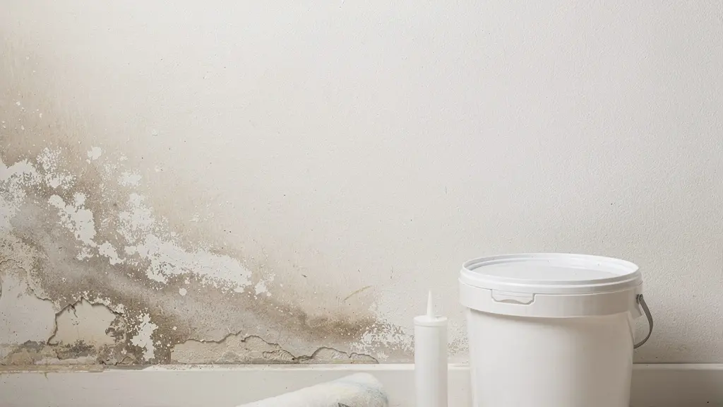 Interno di una casa con una parete umida alla base e segni di degrado, con strumenti fai-da-te appoggiati in modo ordinato e spazio vuoto per il titolo.