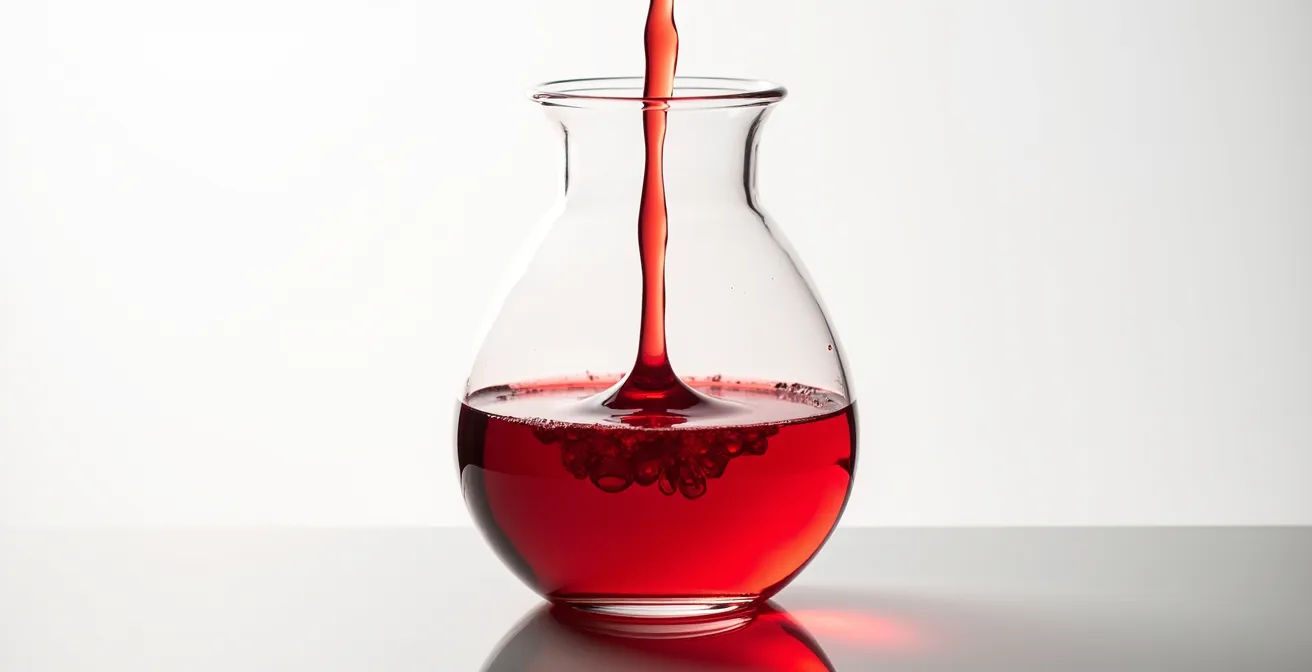 Vaso di vetro trasparente che si riempie gradualmente di liquido rosso simboleggiando l'infiammazione sistemica