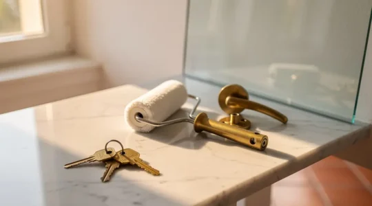 Chiavi di casa appoggiate su un piano di lavoro luminoso accanto a strumenti di ristrutturazione, simbolo di interventi strategici per aumentare il valore immobiliare