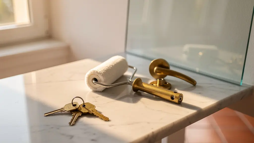 Chiavi di casa appoggiate su un piano di lavoro luminoso accanto a strumenti di ristrutturazione, simbolo di interventi strategici per aumentare il valore immobiliare