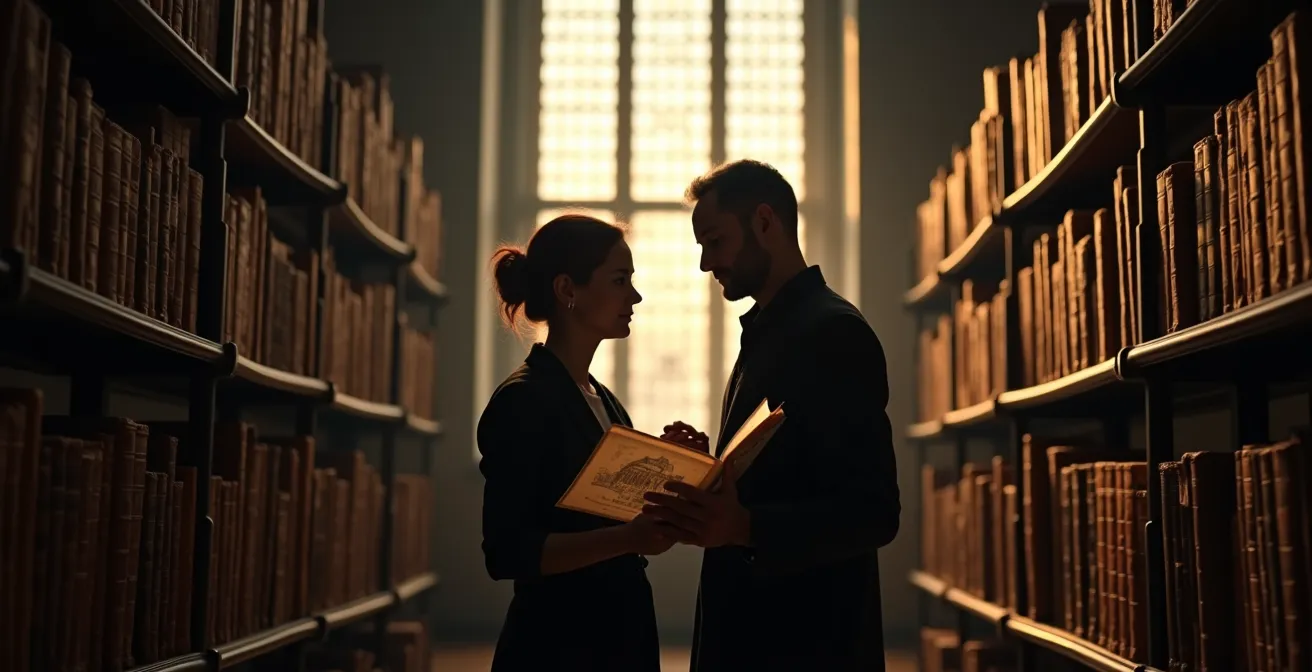 Conversazione intima tra visitatore e proprietario in biblioteca storica con libri antichi